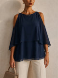 Womens Cold Shoulder Chiffon Top Layered Summer Blouse