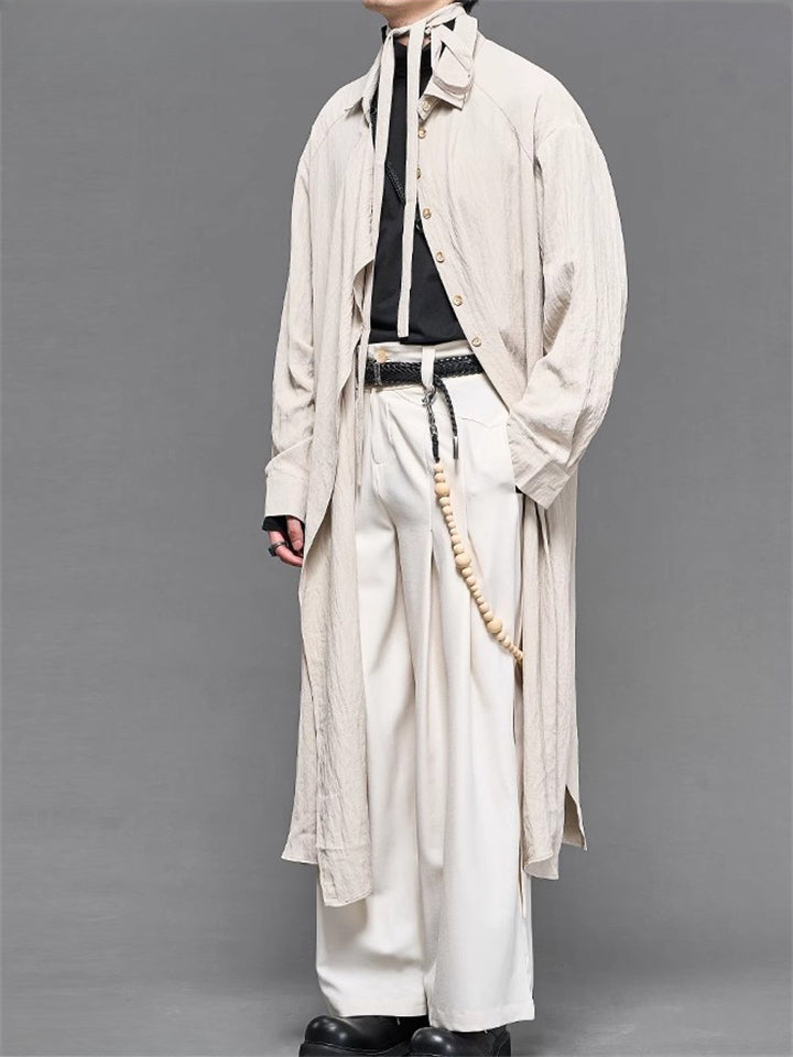 Japanese Style Retro Asymmetric Lapel  Solid Color Long Shirts for Men