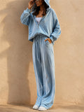 Women Hooded Tracksuit Zip Up Top Wide Leg Pants Set
