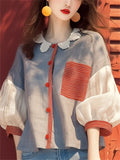 Women's Sweet Style Contrast Color Patchwork Lantern Sleeve Shirts