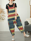 Women's Contrast Color Overall Denim Cropped Jumpsuits