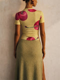 Women Yellow Cherry Print Y2K Short Sleeve Slim Crop Top