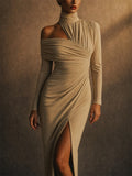 Women Ruched High Neck Asymmetric Slit Bodycon Dress