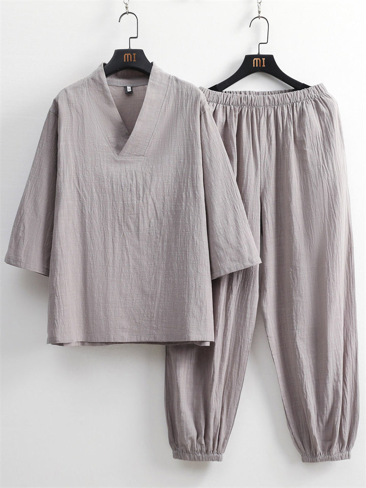 Men's 2Pcs Summer Casual Comfy V Neck Lapel 3/4 Sleeve Solid Color Outfits