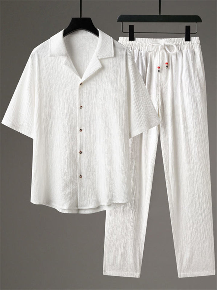 Men's 2Pcs Summer Casual Comfy Button Up Lapel Solid Color Outfits