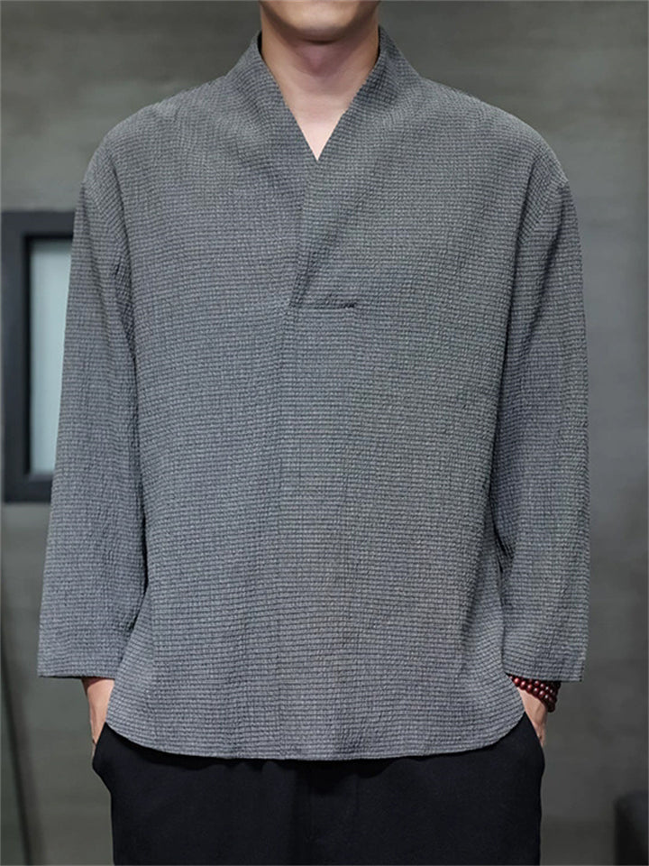 Men's Autumn Solid Color Zen Style Pullover Long Sleeve Shirts