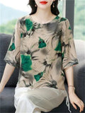 Female Elegant Summer Floral Print O-Neck Half Sleeve Shirt