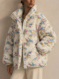 Women Stylish Floral Print Zip Up Stand Collar Quilted Puffer Coat