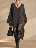 Women V Neck Oversized Knit Long Sleeve Sweater Dress with Crochet Hem