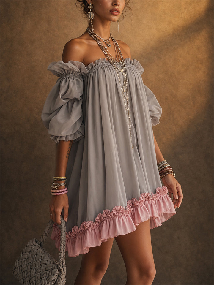 Women Off Shoulder Chiffon Puff Sleeve Ruffle Pink Hem Mini Dress