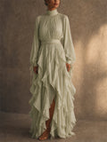 Womens Boho Chiffon Ruffle High Neck Long Sleeve Maxi Dress