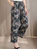 Women's Elegant Print Elastic Waist Wide Leg Cropped Pants