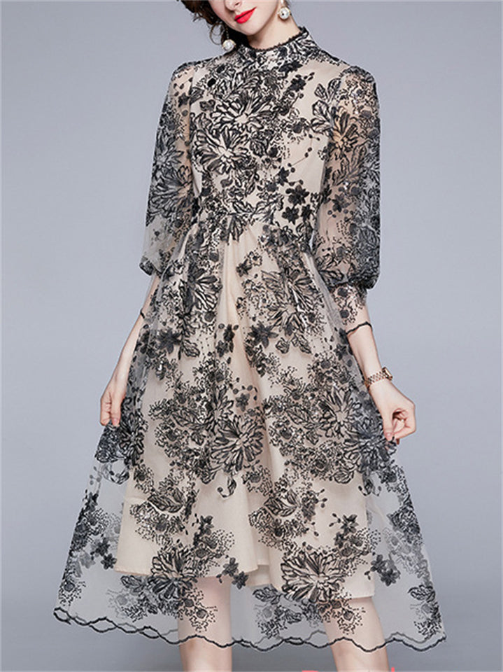 Women's Summer Embroidery Hollow Mesh Midi Dress