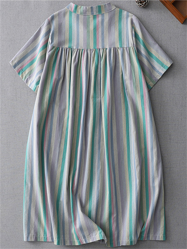 Women's Casual Contrast Color Striped Pockets Button Up Shirt Dress