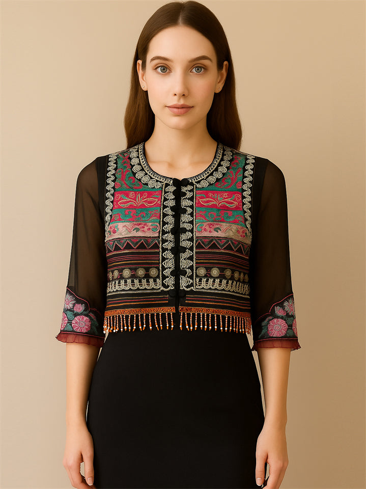 Women's Ethnic Style Embroidery Patchwork Vest with Fringe