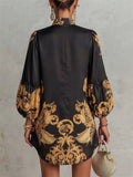 Women Baroque Leopard Print V Neck Lantern Sleeve Mini Dress