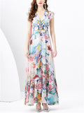 Elegant Deep V Neck Sleeveless Floral Beach Dress for Women