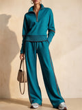 Women Stylish Contrast Trim Half Zip Top Wide Leg Pants Two Piece Tracksuit
