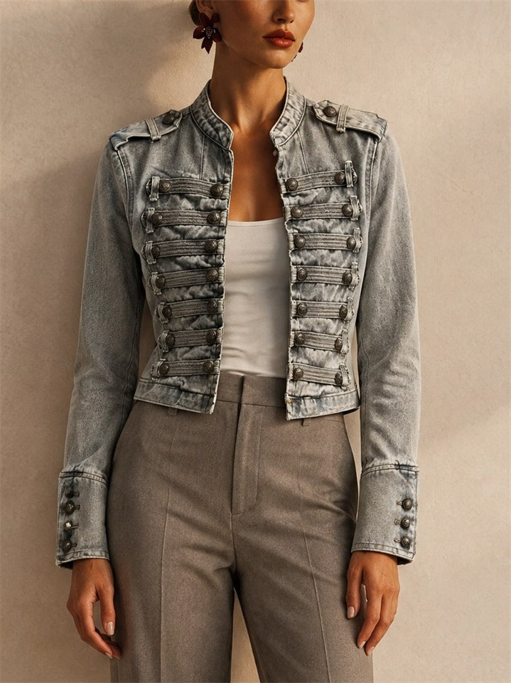 Women Chic Military Style Denim Jacket Slim Fit Cropped Coat