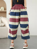 Women's Casual Contrast Color Wide Leg Cropped Harem Pants