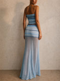 Women Striped Tube Top Sheer Mesh Patchwork Maxi Skirt Set