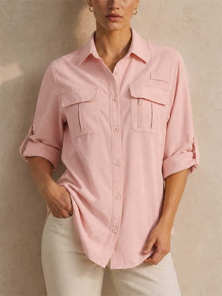 Women Button Down Shirt Quick Dry Roll Sleeve Outdoor Top