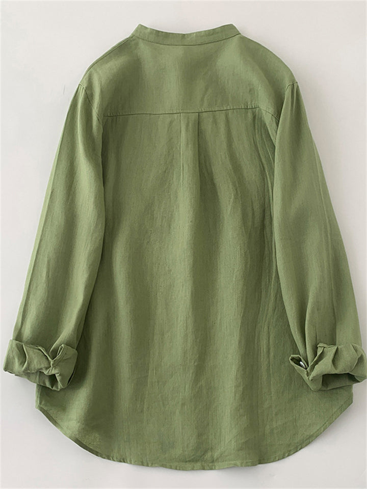 Women's Casual Green Solid Color Stand Collar Long Sleeve Shirts