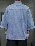 Chinese Style Retro Stand Collar Frog Button 3/4-sleeved Denim Shirt