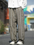 Men's Retro Straight Leg Striped Casual Pants with Elastic Waist