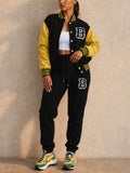 Women Varsity Jacket Set Color Block Letter Patch 2 Piece Outfit
