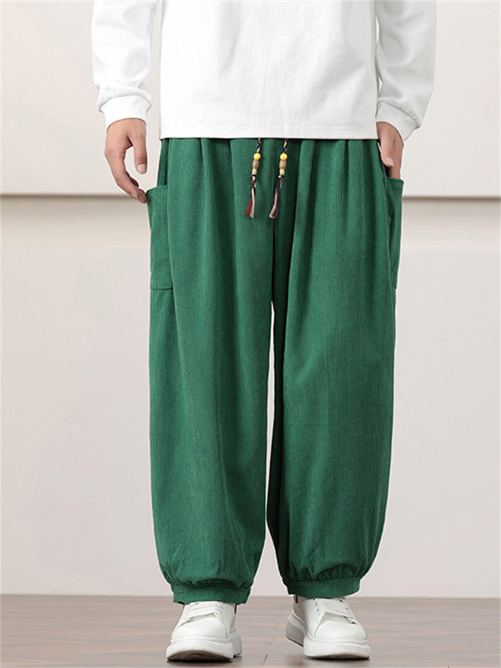 Men's Solid Color Corduroy Drawstring Wide Leg Pants