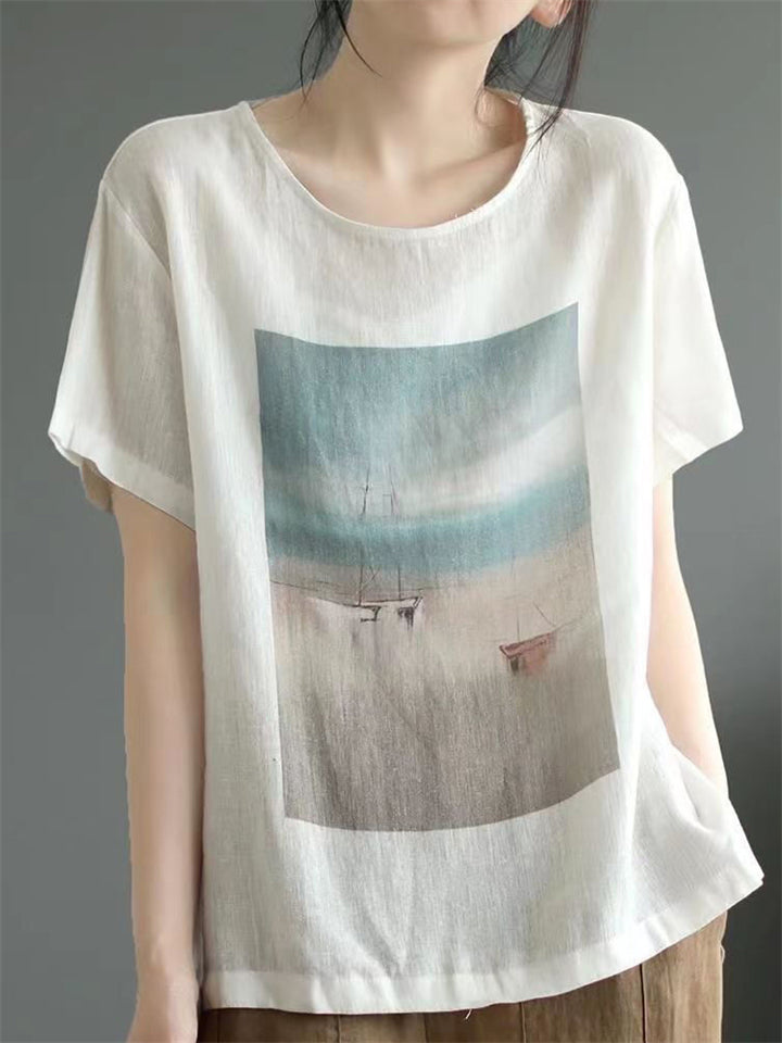 Summer Casual Cotton Linen Print  Short Sleeve T-shirt for Women