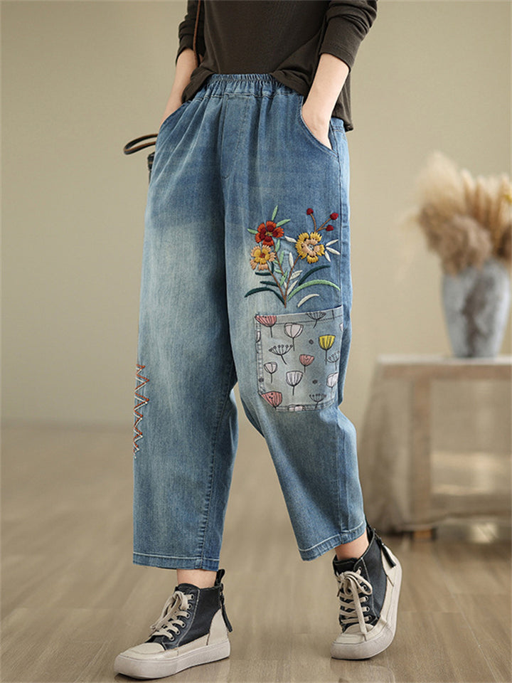 Loose Elastic Waist Flower Embroidery Cropped Jeans for Women
