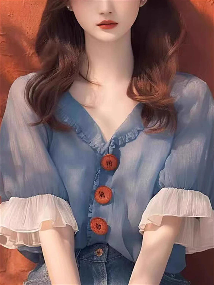 Women's Summer French Style Blue Lotus Leaf Short Sleeved Shirts