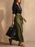 Women 2 Piece Contrast Color Button Down Shirt and High Waist Skirt Set