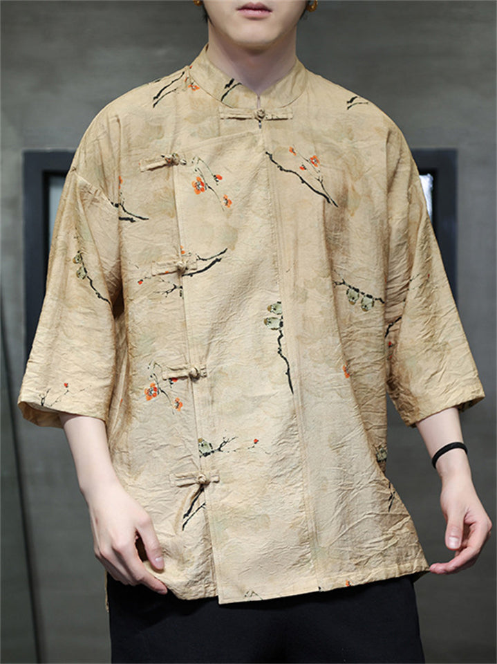Men's Summer Cool Chinese Style Print Slant Placket Half Sleeve Shirts