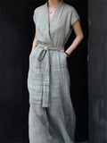 Women's V-Neck Linen Short Sleeve Maxi Tie Waist Dress