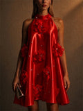 Women 3D Floral Beads Halter Mini Prom Cocktail Dress