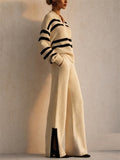 Women Striped 2 Piece Knit Polo Neck Wide Leg Slit Pants Set