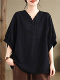Women's Solid Color Embroidery V Neck Comfy Short Sleeve Shirt