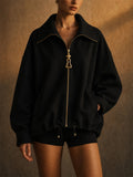 Women Oversized Gold Zip Pull Zip Up BatWing Sleeve Jacket