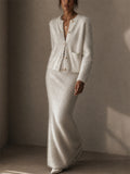 Women's Fuzzy Knit 2 Piece Gold Buttons Cardigan and Maxi Skirt Set