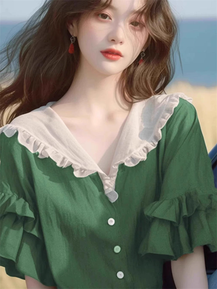 Women's Summer Contrast Color Lotus Short Sleeved Shirts