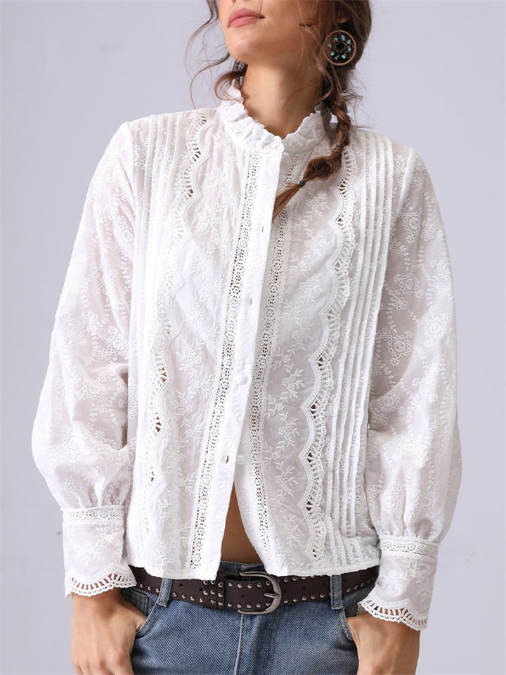 Women's French Style Elegant Embroidery Long Sleeve Lace Shirts