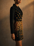 Women Black Beaded Blazer Dress with Faux Gold Crystal Pearl Fringe