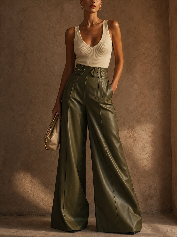 Women Faux Leather High Waist Wide Leg Belted Flared Pants