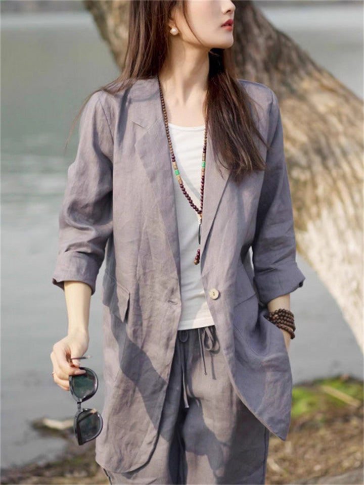 Women's Casual Solid Color Long Sleeve Suit Collar Jacket