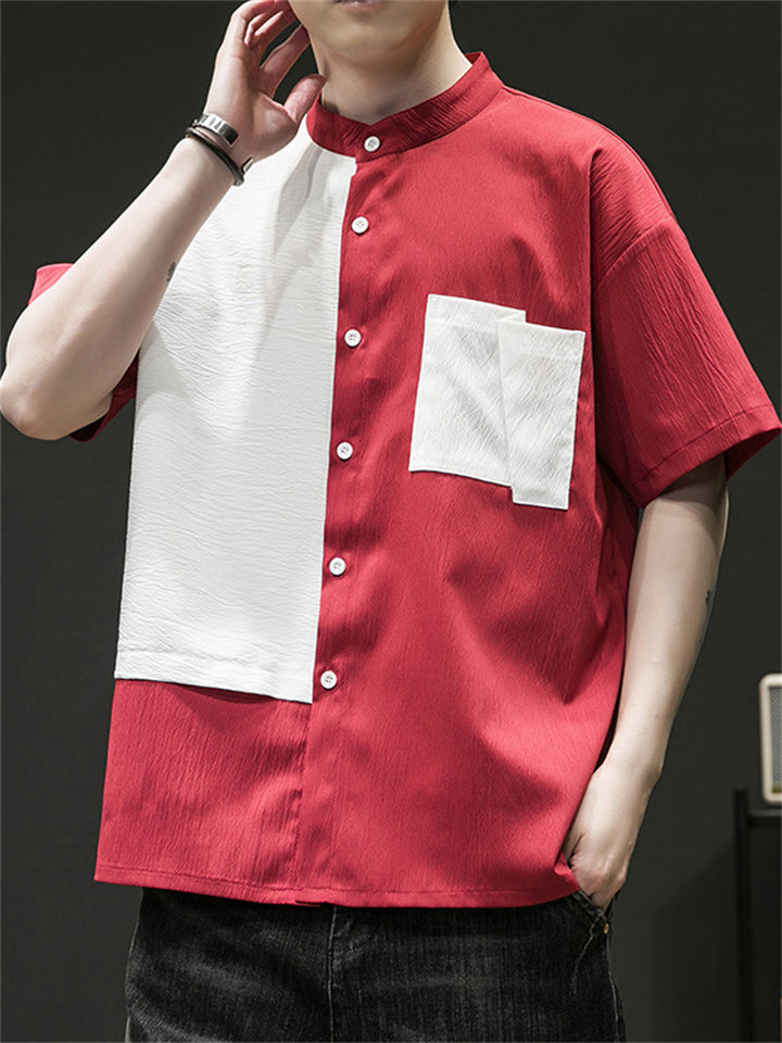 Men's Casual Patchwork Contrast Color Short Sleeve Shirts