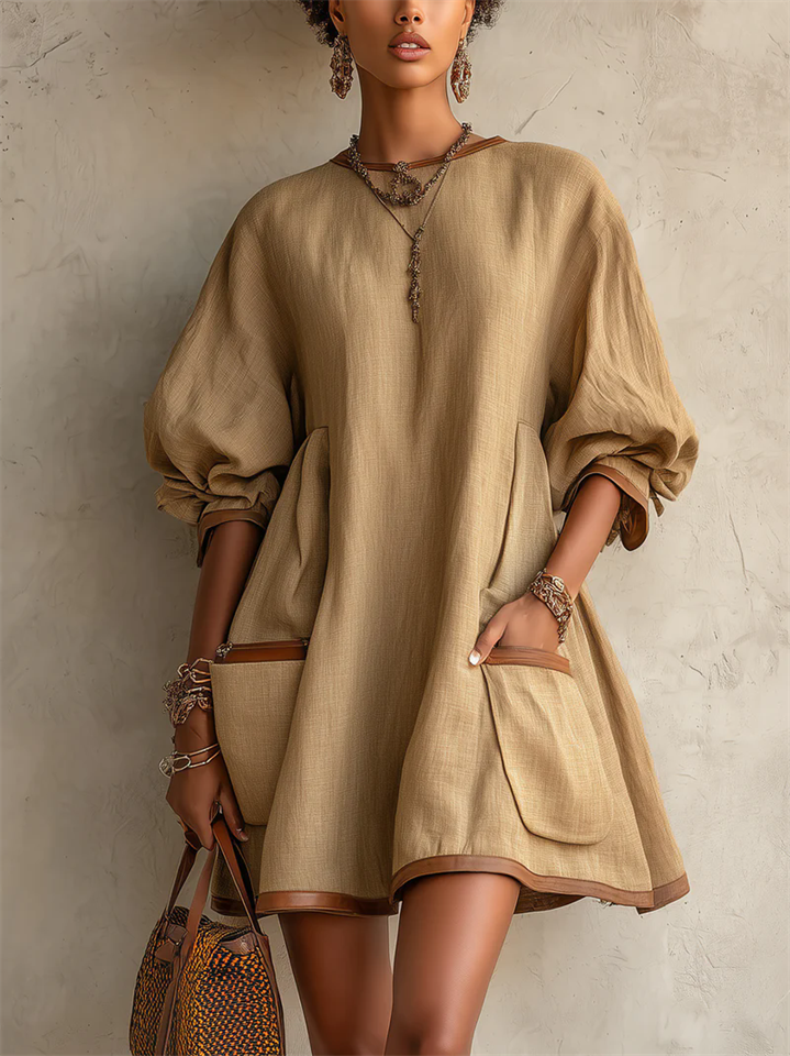 Womens Khaki Contrast Trim Oversized Textured Pocket Mini Dress