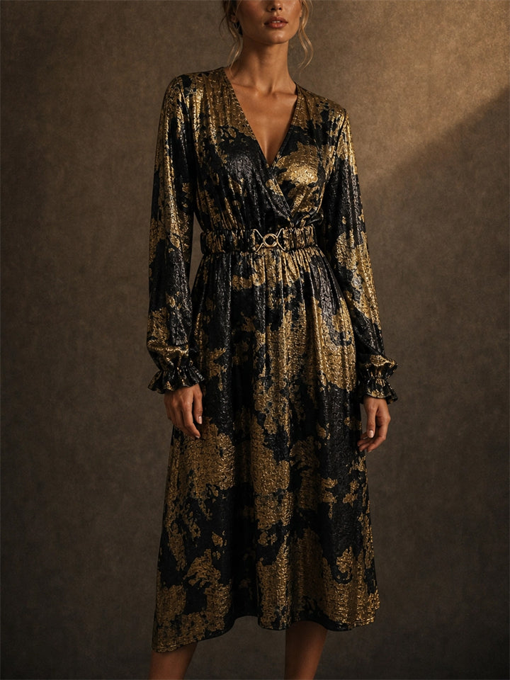 Women Gold Black Metallic V Neck Long Sleeve Cocktail Dress